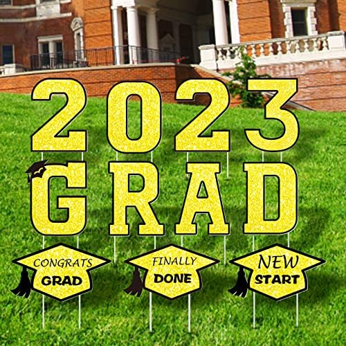 2023 Graduation Yard Sign with Stakes Party Decorations for Outdoor Congrats Graduation Decor Class of 2023 High School College Photo Props, GRAD Letters Caps Garden Lawn Yard Signs- Gold and Black