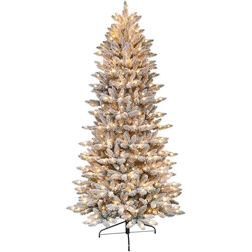 Puleo International 6.5 Foot Pre-Lit Slim Flocked Fraser Fir Artificial Christmas Tree with 350 Clear Lights, Green