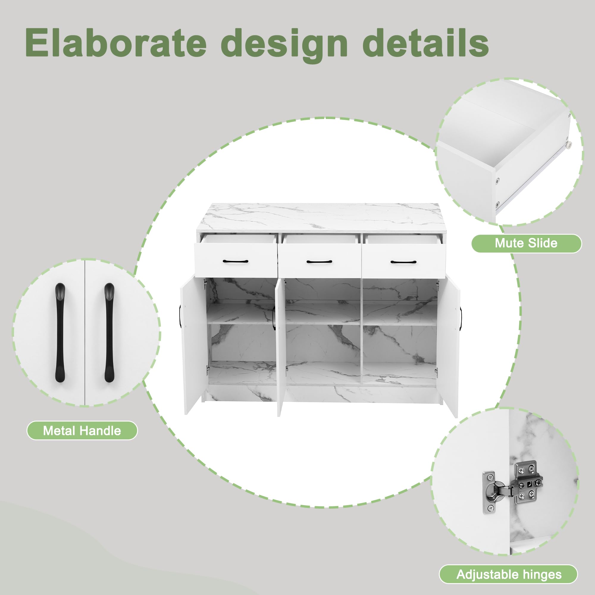 küchenschrank mit Arbeitsplatte, Kücheninsel 120 x 60 x 90,5 cm, 3 Schubladen und 3 Türen, weißes Marmordesign, verstellbare Einlegeböden, geräuschlose Schubladen