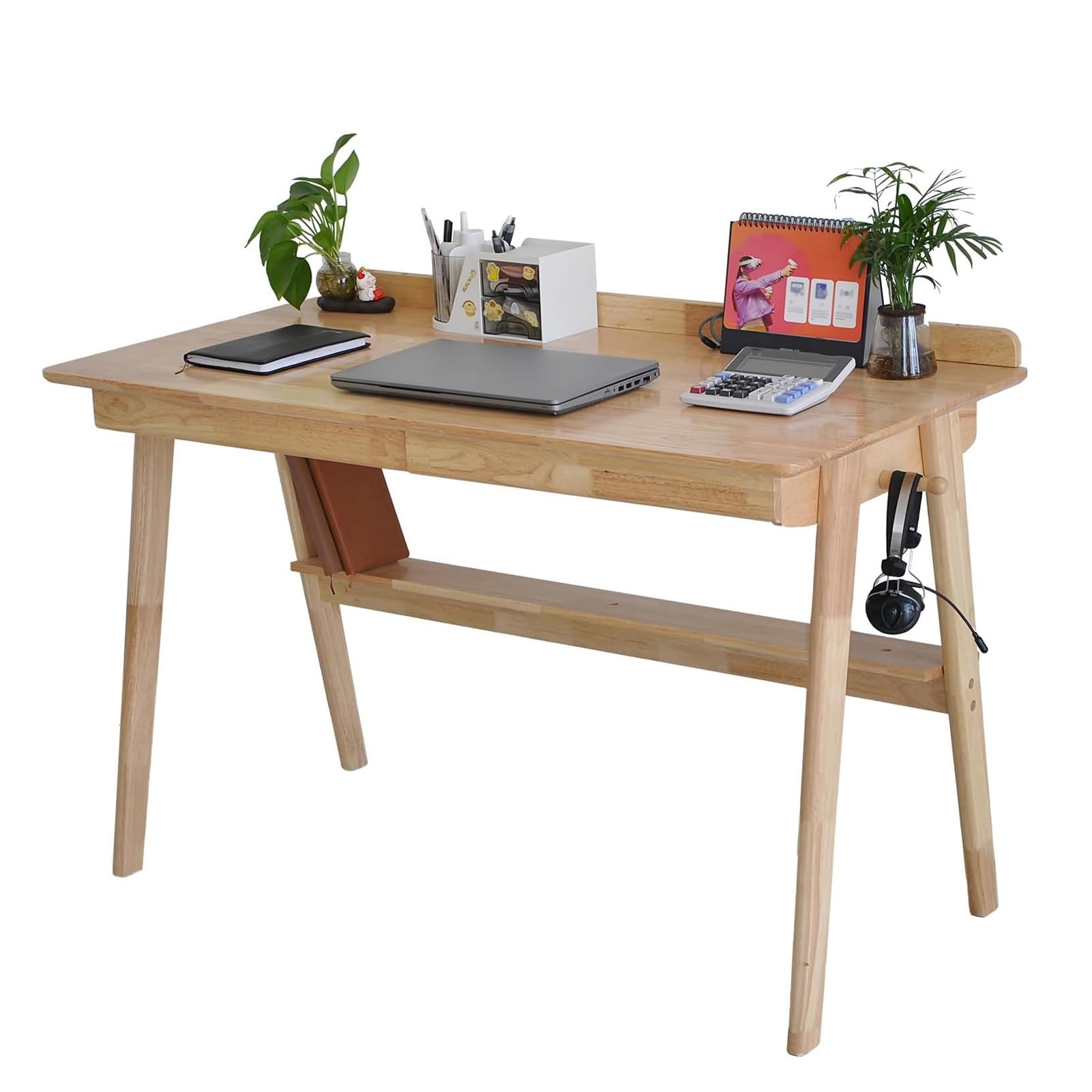 BuyUp Mid-Century 47" Desk Solid Wood Writing Desk with 2 Drawers and Lower Shelf, Home Office Table for Study or Work or Dining with 2 Hanging Rod,