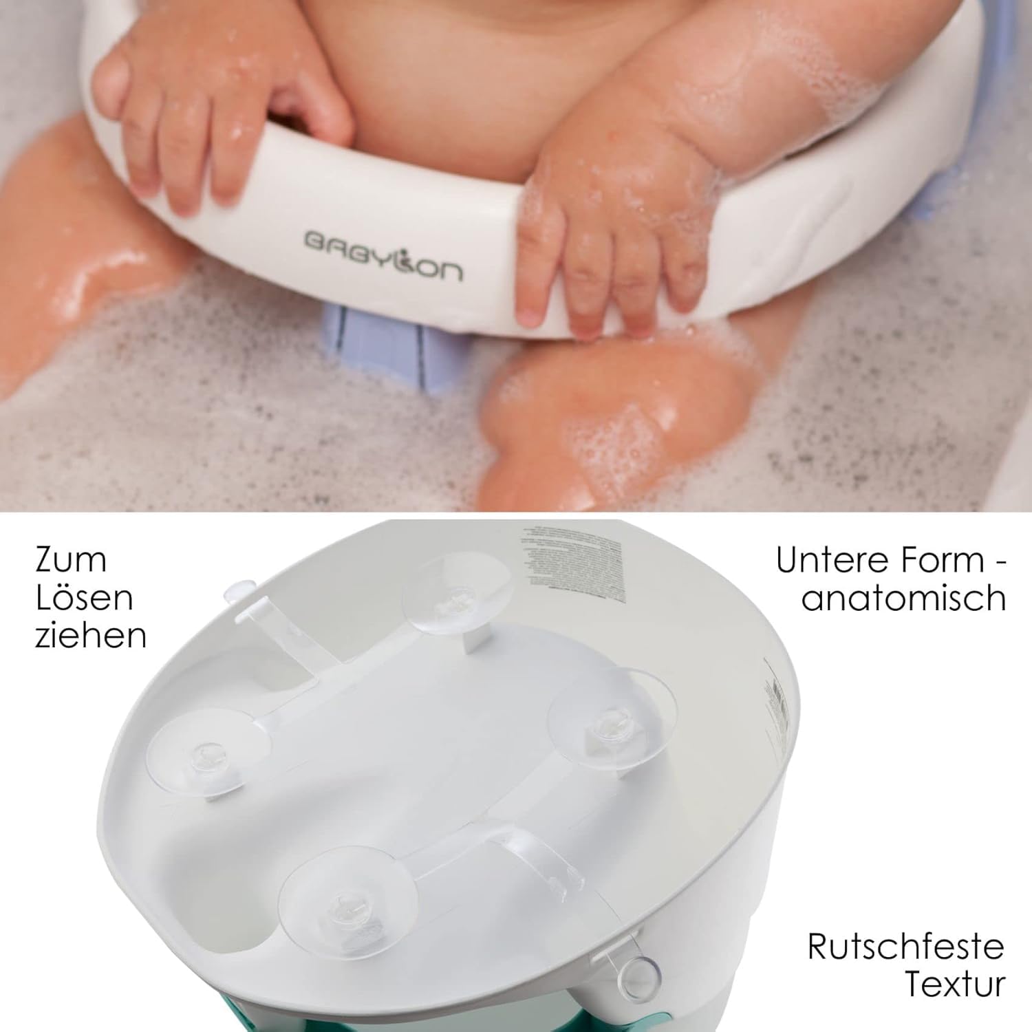 BABYLON Asiento Bañera Bebé Nemo – Silla Bañera Bebe Antideslizante con 4 Ventosas, Asiento baño Bebe Bañera desde 6 Meses, Adaptador y Soporte Baño Bebé para Ducha y Bañera, blanco/turquesa