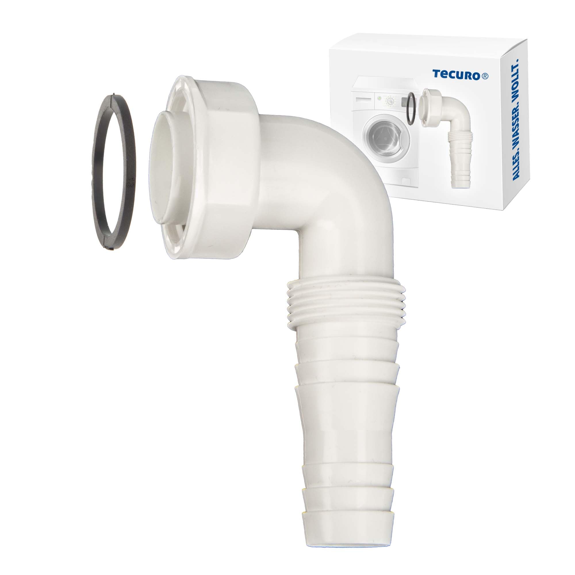 tecuro Geräteanschlusstülle 90° gewinkelt 1 Zoll ÜWM inkl. Dichtung für 19-23 mm Schläuche oder 3/4" AG für Gewindeanschluss Spülensiphon