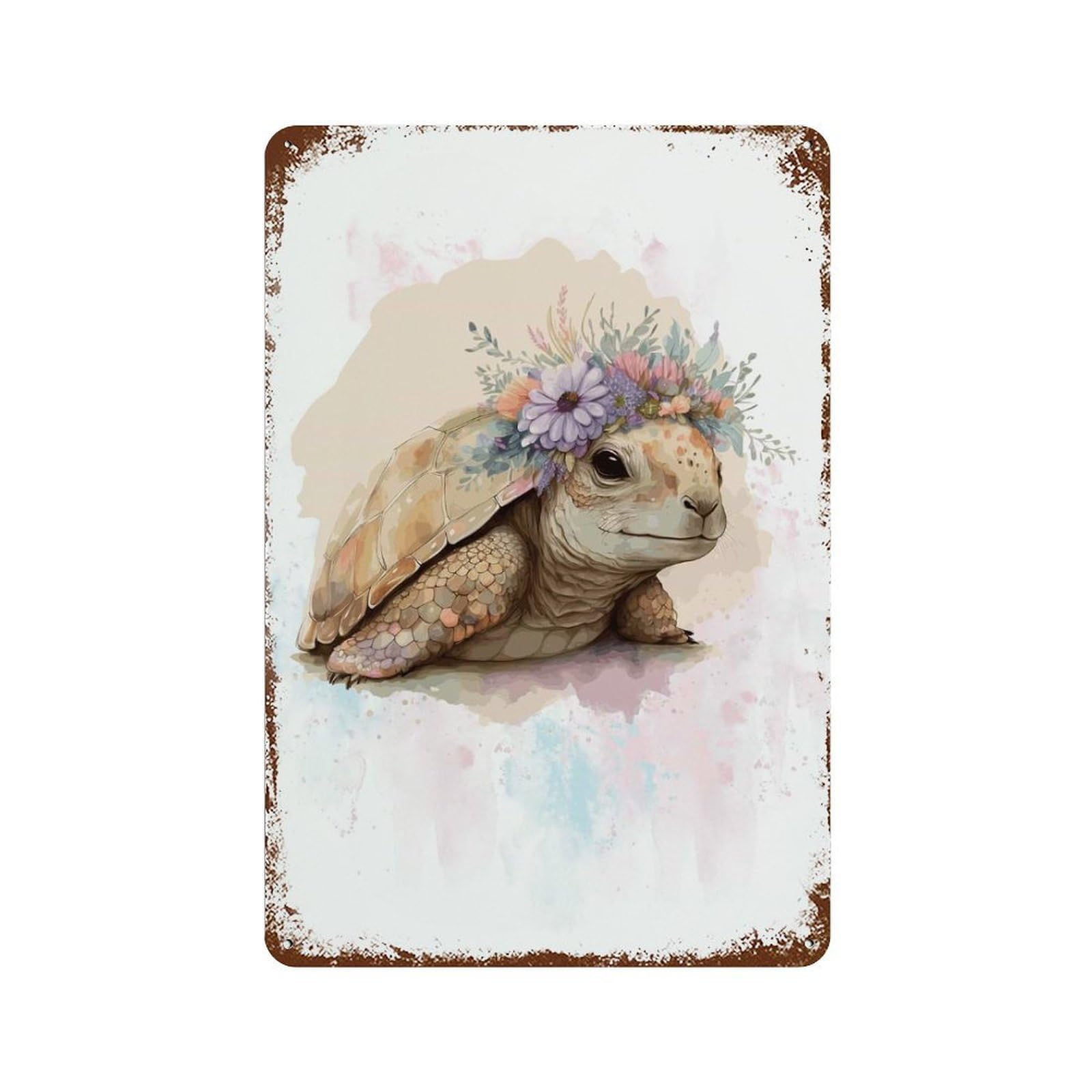 Vintage Rust Metal Sign Floral Tortoise Painting 11.8"x7.9", Old School Wall Decor for Office, Studio And Wall Decor
