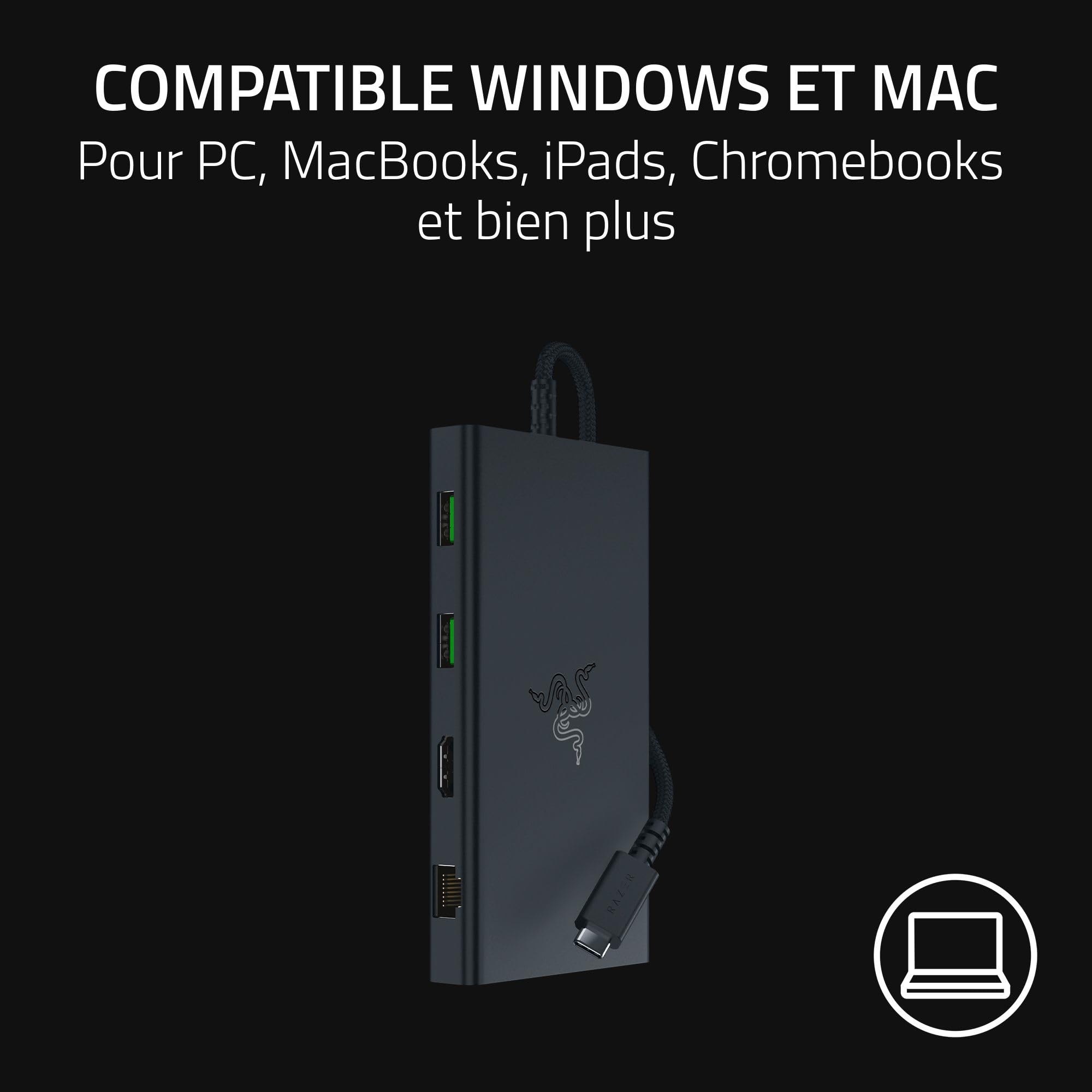 Razer Station d'accueil USB-C - 11 Ports avec HDMI, Gigabit Ethernet, Port Audio 3,5 mm, USB-A et -C, Compatible avec Windows et Mac (Sortie d'écran avec 4K, Son Surround 7.1) Noir