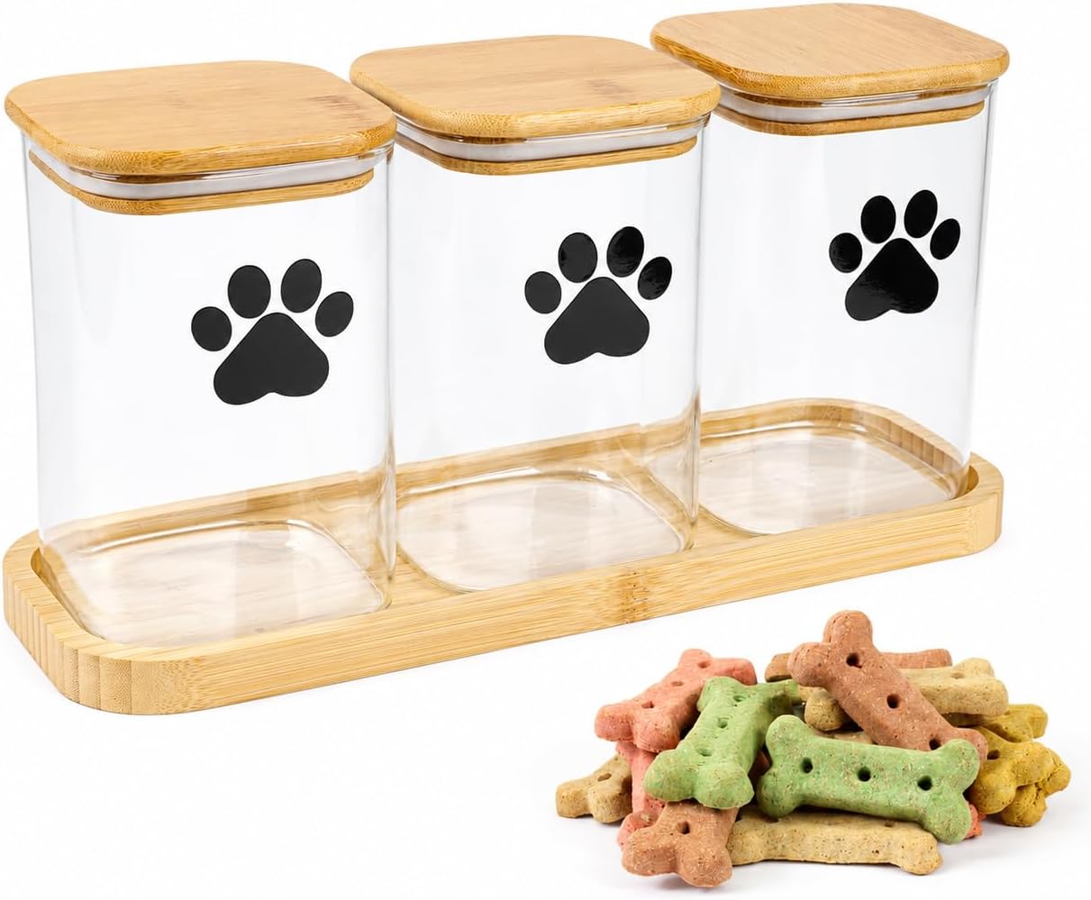 Morezi Dog Treat Container airtight Treats jar for countertop Closet Dog Food Storage 3 Jars with Tray Great for organizing pet Dogs Cats Birds Animal Food Treats Snack