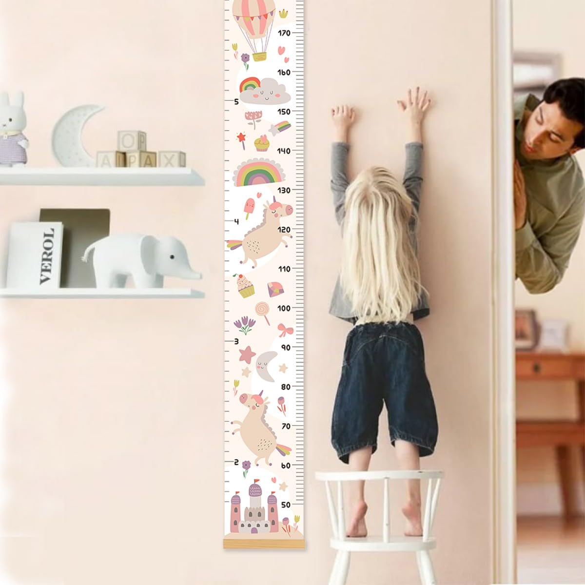 Toise Pour Enfants Mesure Croissance Toise Bébé Murale, Décoration De Chambre De Filles Cadeaux Pour Filles,Thème Château De Licorne 160cm x 20cm (Beige Clair)