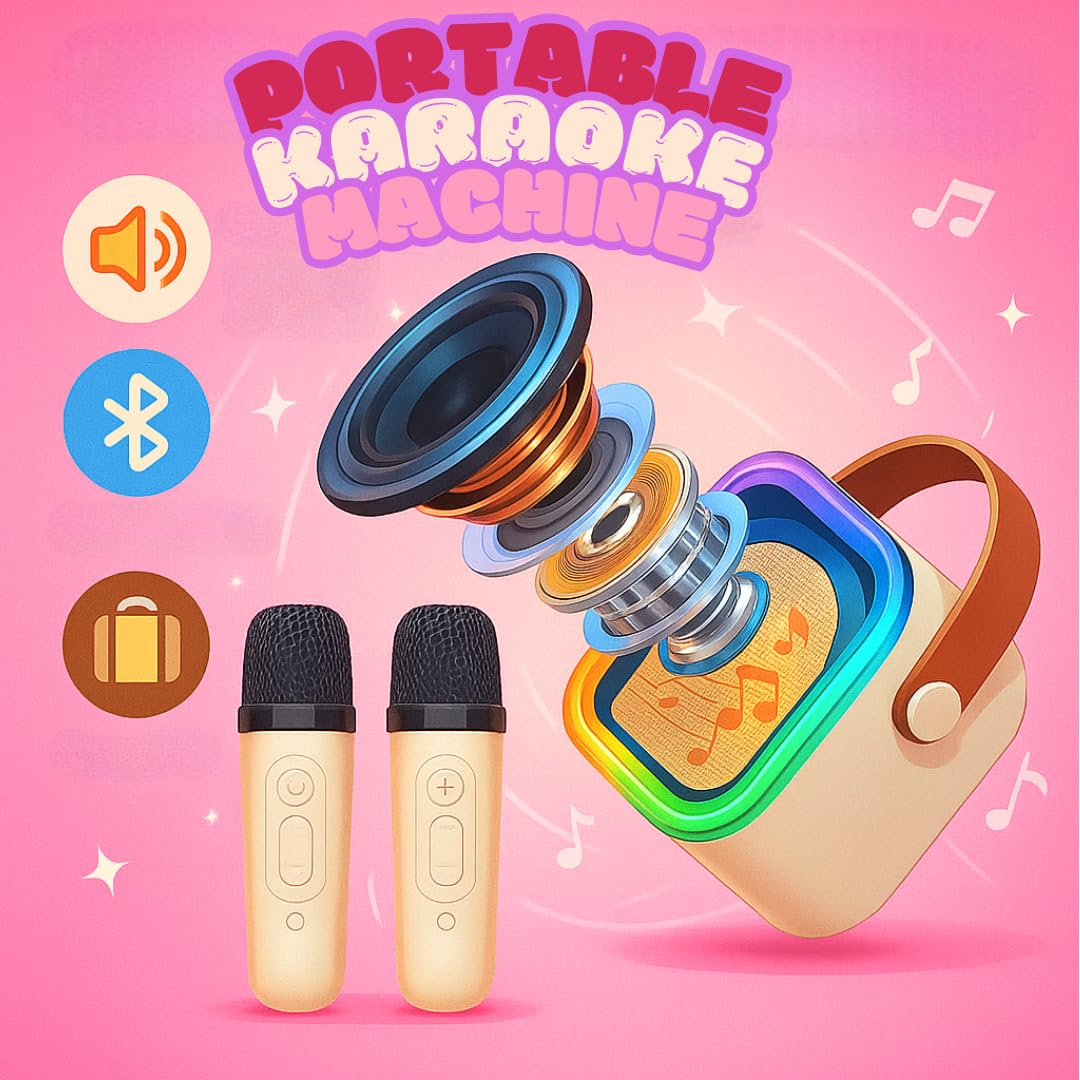 Karaoke con 2 microfoni senza fili. Karaoke portatile con altoparlante Bluetooth, luci LED e batteria ricaricabile. Giocattolo e regalo per bambini e adulti. Mini karaoke per bambini