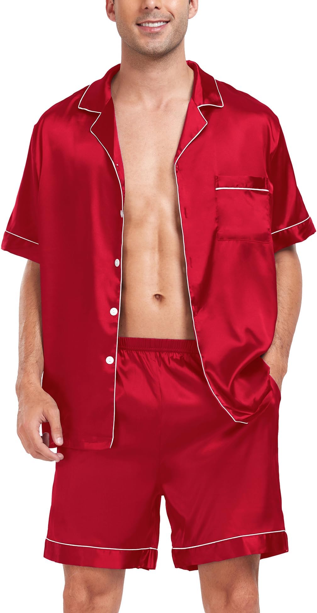 Men Satin Silk Pajamas Sets Short Sleeve Sleepwear Button-Down PJs Sets Two-Pieces Loungewear with Pockets