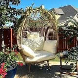 YITAHOME 360° Swivel Egg Chair Outdoor, 370lbs Capacity Wicker Patio Rotating Basket Chair, All-Weather Oversized Egg Lounger Chair for Indoor Outside (Beige)