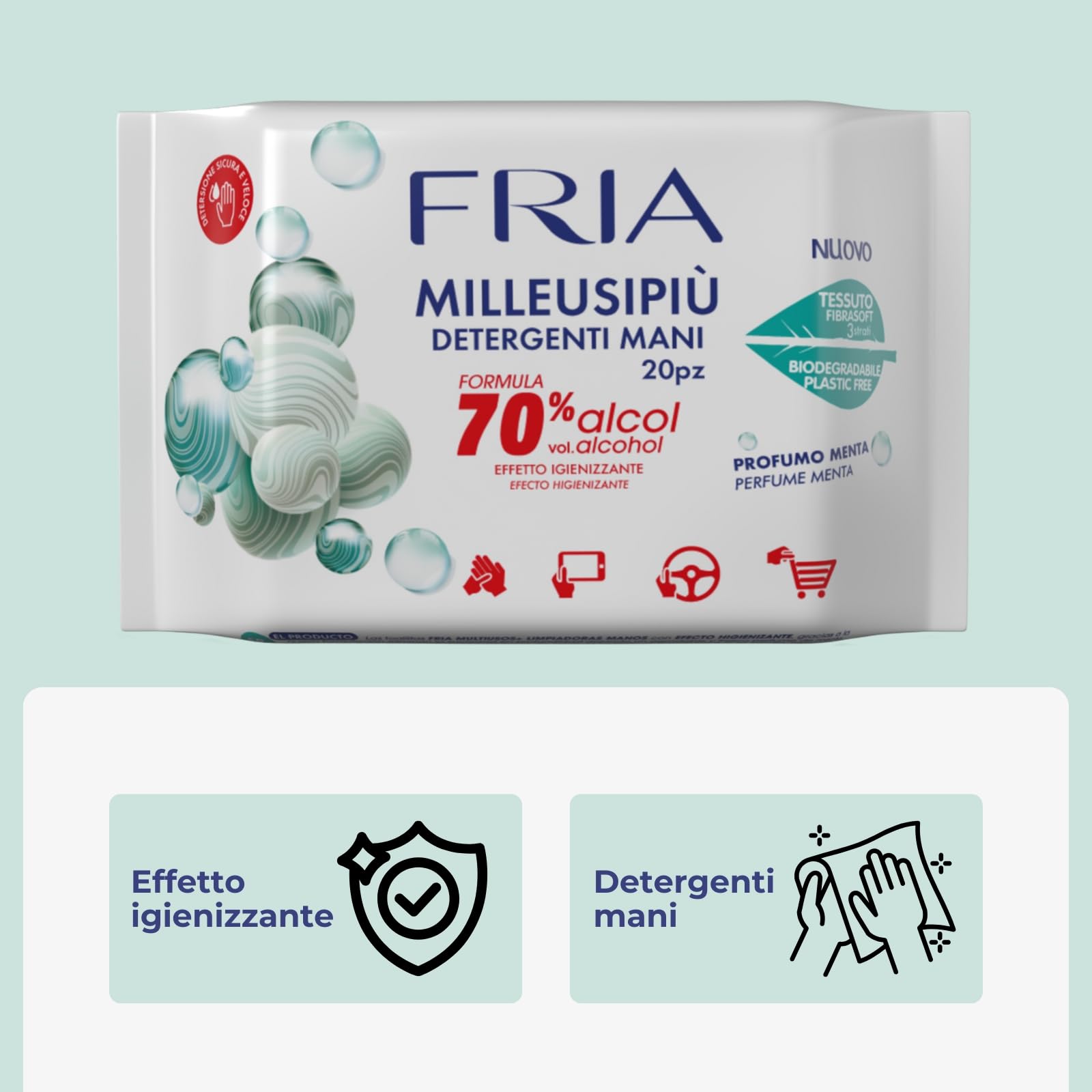 Fria MilleusiPiù Igienizzanti, Salviette Detergenti con Formula Igienizzante al 70% di Alcol, Tessuto Fibrasoft 3 Strati Biodegradabile, Confezione da 20 Salviette