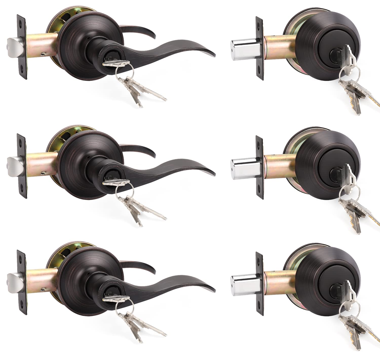 KNOBWELL 3 Pack Front Entry Door Handle Lock Set with Single Cylinder Deadbolt, Exterior Entry Lever Door Handle and Deadbolt, Door Handle Lever with Lock and Key, Oil Rubbed Bronze, Keyed Alike
