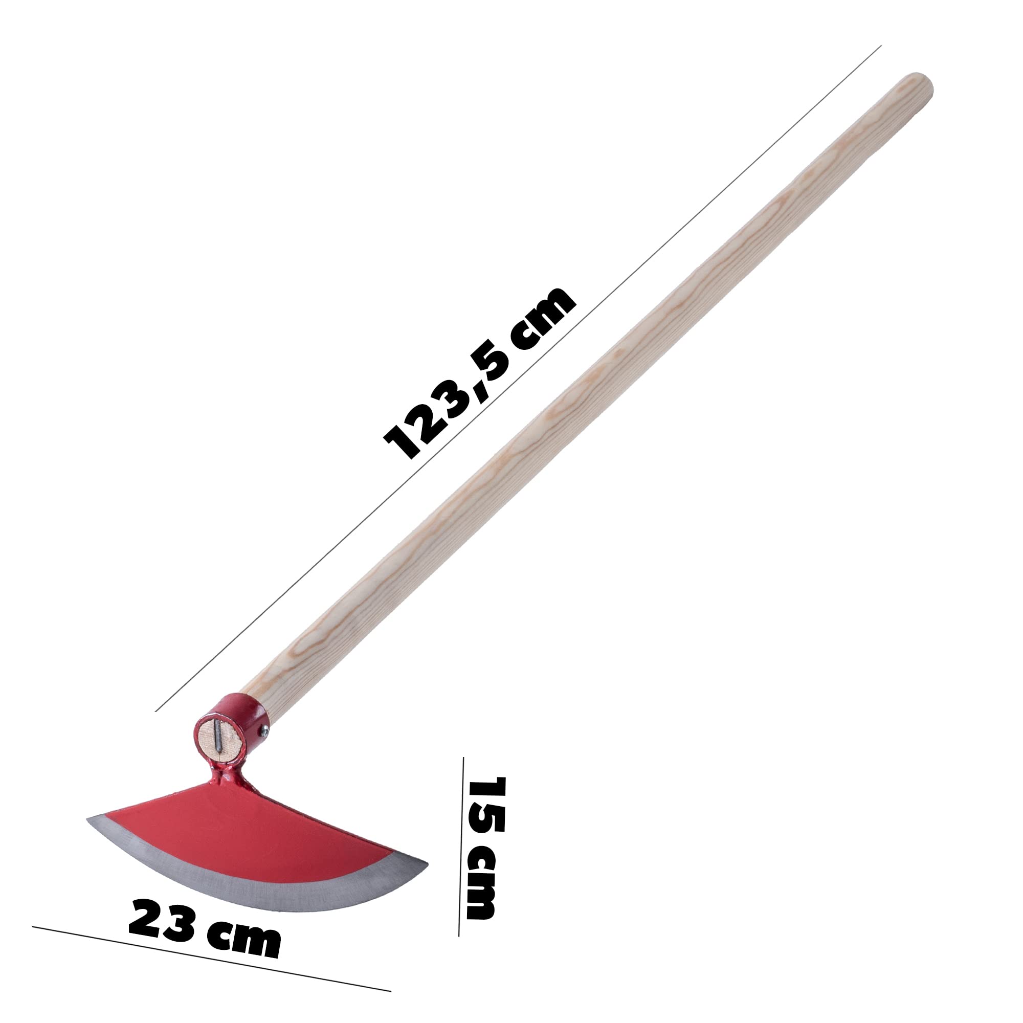 KADAX Azada con cabeza de metal, azada de jardín con mango de madera, azada para eliminar malas hierbas, accesorio de jardín para deshierbar (semicircular, ancho: 23 cm, rojo)