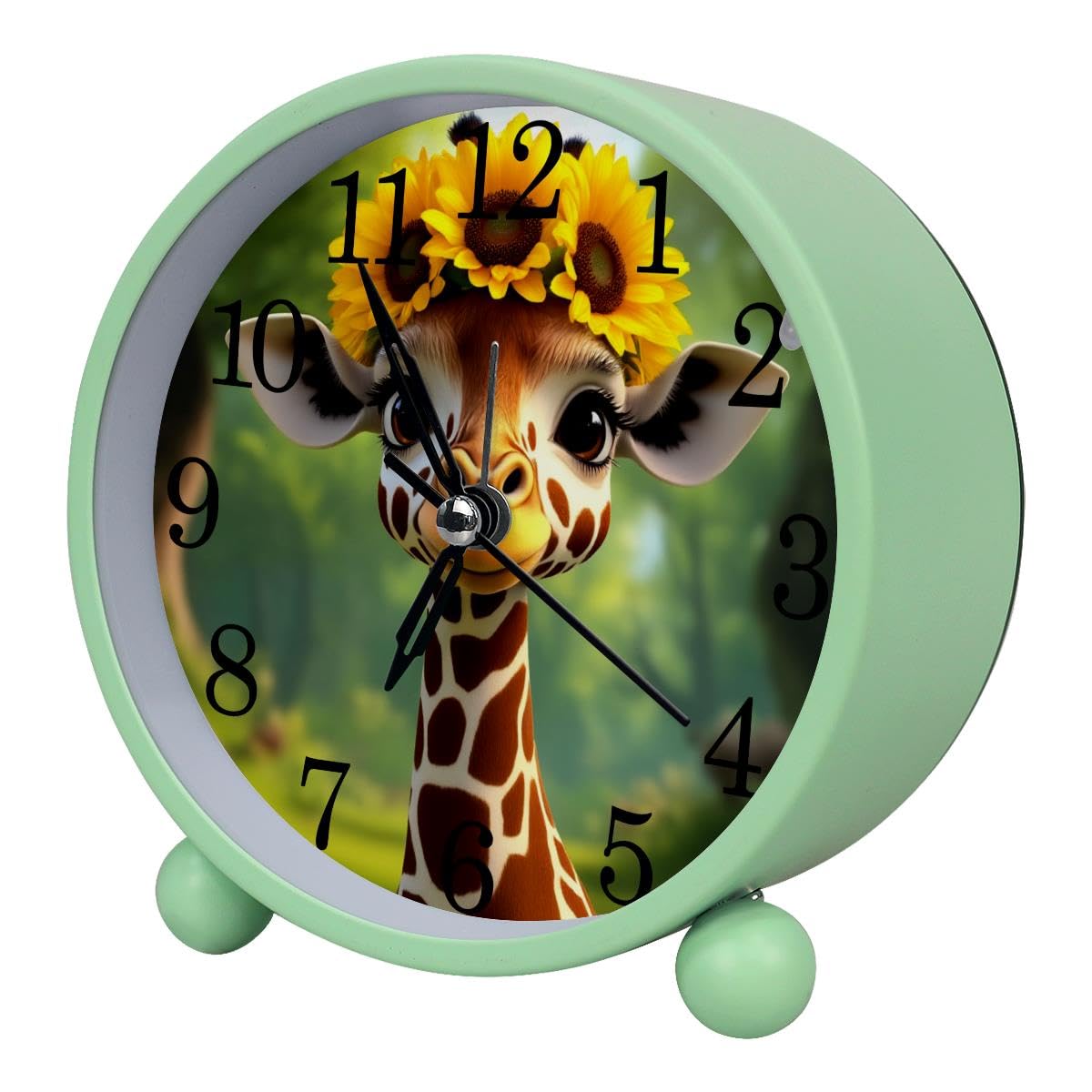 Luoweisi Alarm Clock Giraffe, Silent Non-Ticking with Night Light, Round Metal Alarm Clock for Office, Battery Operated, Bedroom, Elderly, Adults, Children, Student Gifts