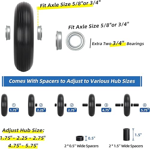 Miniatura 7 de Neumático de carretilla de 13 pulgadas, neumático sólido y rueda 4.00-6 sin planos, con rodamientos de 5/8 pulgadas o 3/4 pulgadas, cubo centrado de