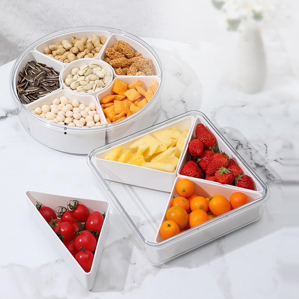 BYNYXI Snackbord met vakken en deksel, kunststof snackbox, ronde snackbox, 5 kommen, snoepborden, snoepbakje, snackschaal, serveerschaal, witte snackschaal voor noten