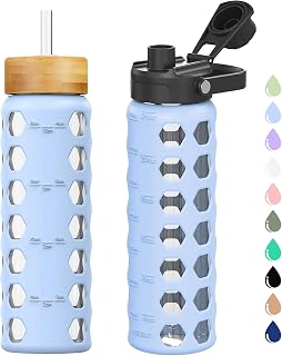 MUKOKO Glass Water Bottles,24oz Glass Tumbler with Straw,Drinking Bottles with 2 Lids-Handle Spout Lid&Bamboo Straw Lid,Motivational Water Bottle with Time Marker and Silicone Sleeve,1 Pack-Glacier