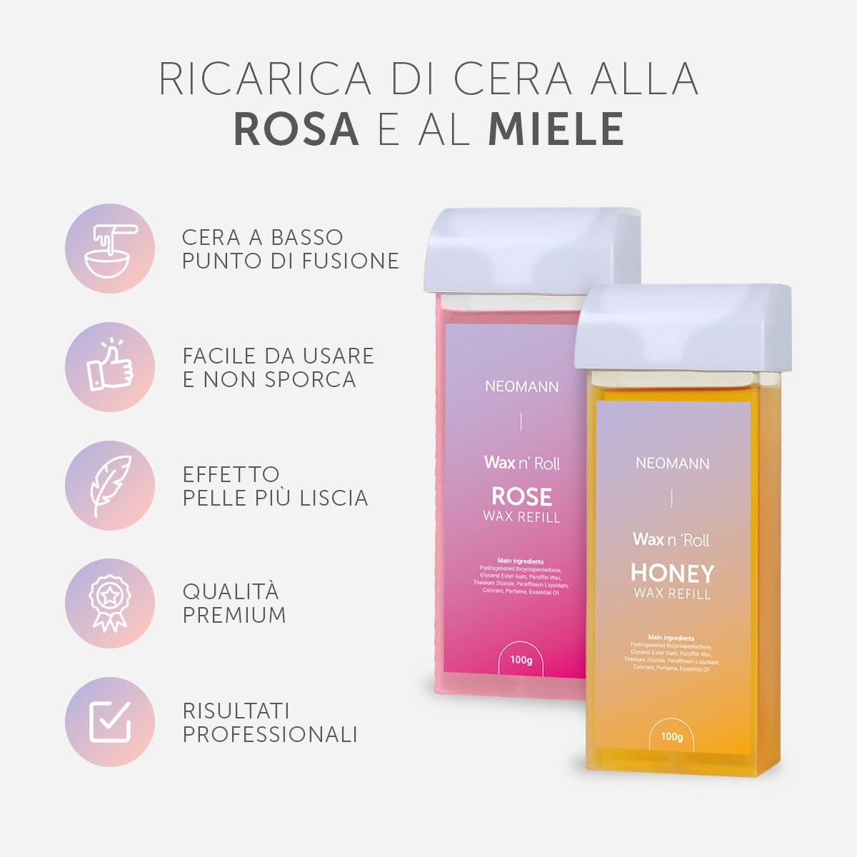 Wax n'Roll - Kit rullo per cera con 1 rosa e 1 ricarica di miele, 50 strisce, 6 salviette per la cura della pelle, scaldacera roll-on per una pelle liscia