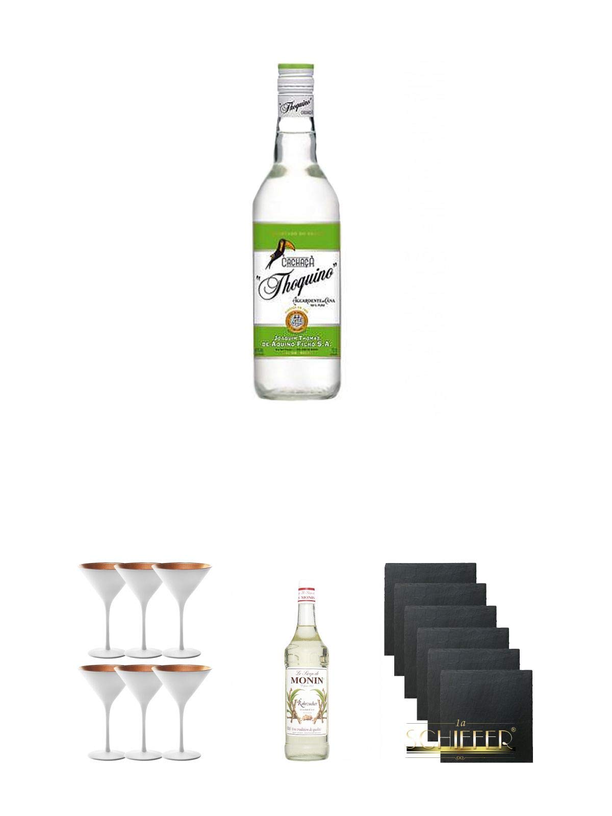 Thoquino Cachaca 1,0 Liter + Stölzle Cocktail-und Martiniglas Olympic Serie 6 Gläser - 1408825 + Monin Rohrzucker pur Sirup 0,7 Liter + Schiefer Glasuntersetzer eckig 6 x ca. 9,5 cm Durchmesser
