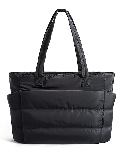BAGSMART Tote Bag for Women, Lightweight Puffy Tote Bag with Compartments Shoulder Bag Handbag for Travel, Work, Gym - Small Size - Black-small Size