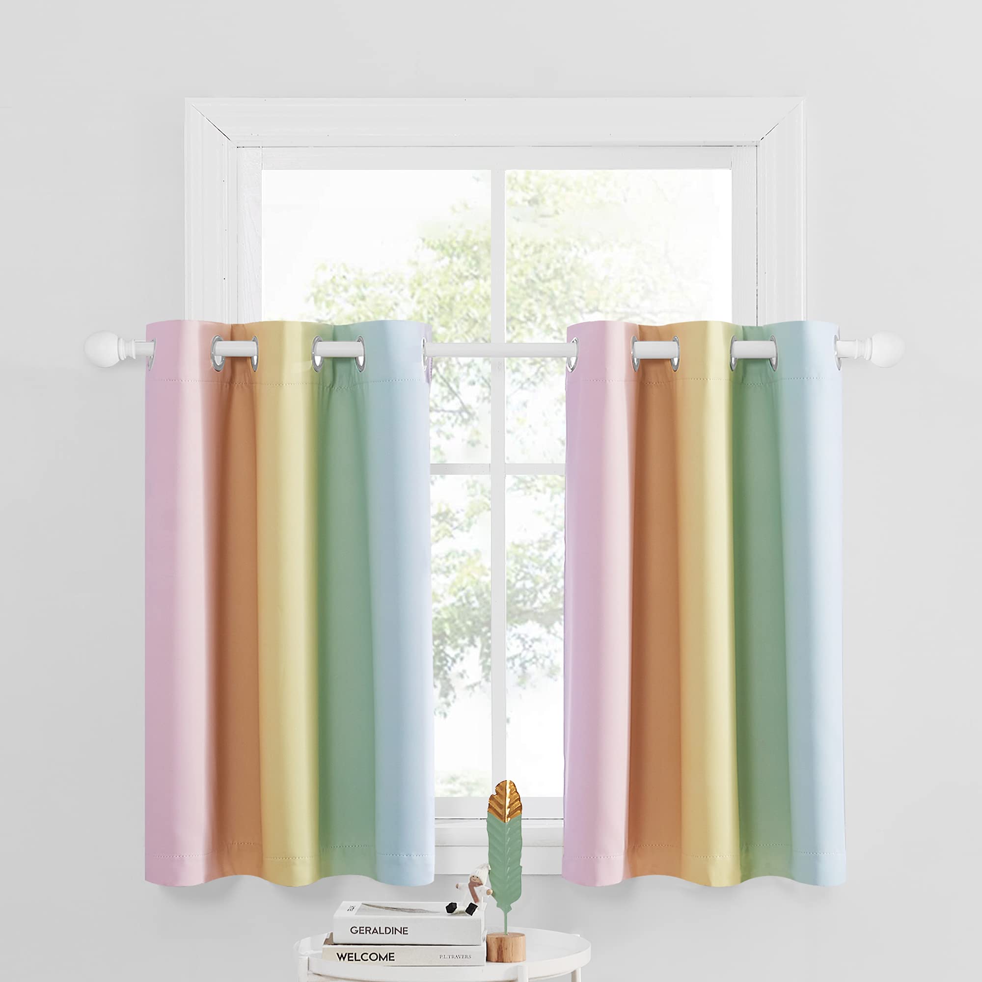 NICETOWN Rainbow Kitchen Valances for Girls Bedroom, Playrooms, Nurseries, Window Short Curtains for Kitchen Baby Living Room Bathroom Christmas Decorations (Light Rainbow, 42" x 36" Length, Set of 2)