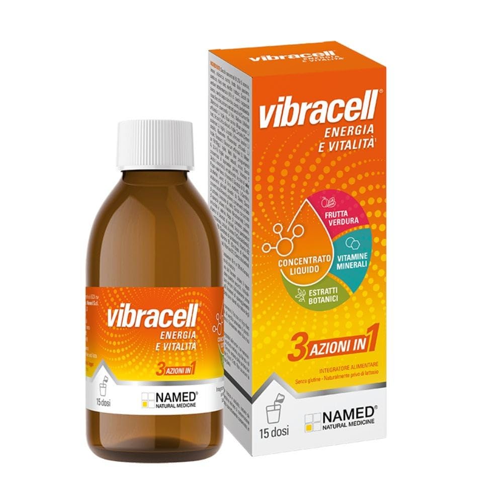 NAMED Vibracell Integratore Alimentare Concentrato Liquido di Succhi di Frutta, Verdura e Estratti Botanici | Vitamine, L-​Carnitina e Pappa Reale | Energia e Vitalità Adulti e Bambini | 150 ml