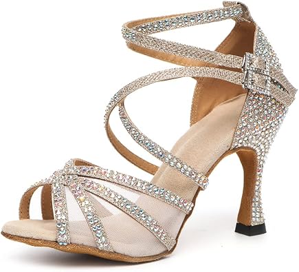 JUODVMP Women Mesh Ballroom Dance Shoes Rhinestone Latin Satin Salsa Performance Dance Shoes Model YCL508