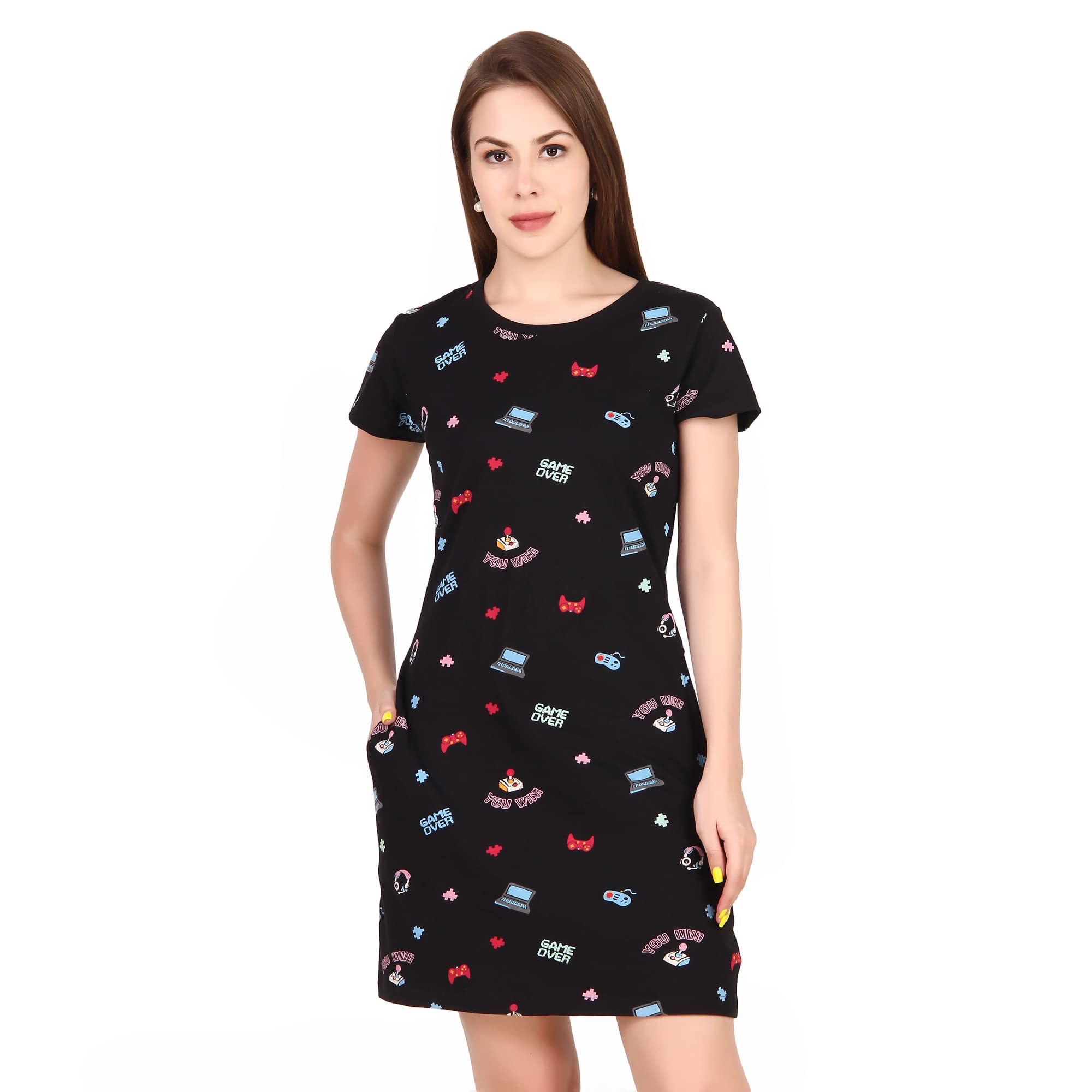Women Cotton Long T-Shirt Dress in Knee Length with Side Pockets Include Plus Sizes (Size S -5XL)-image-8