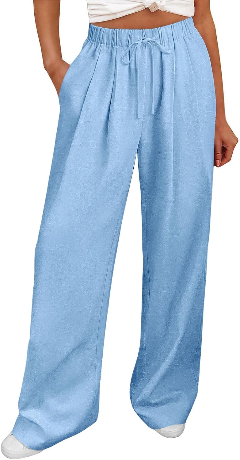 Women's Wide Leg Palazzo Pants Dressy Flowy Casual Loose Fit High Waist Drawstring Beach Boho Trousers with Pockets