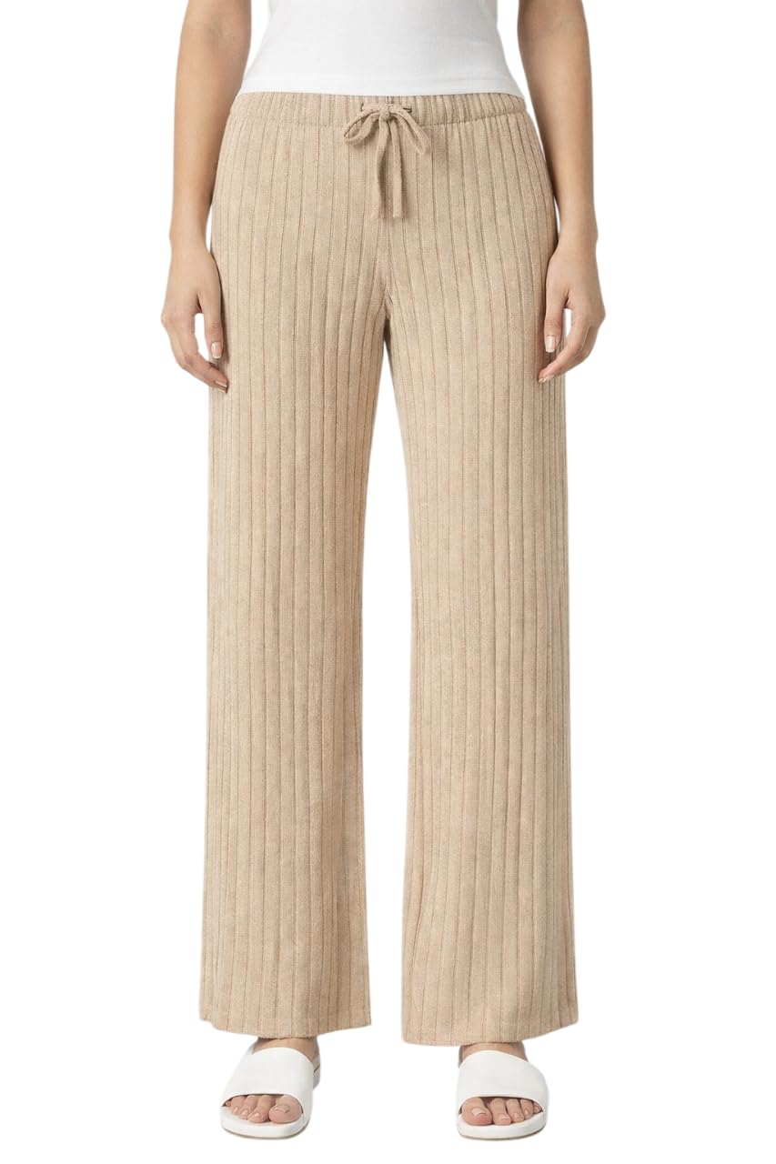 Women's Ribbed Knit Lounge Pants, Soft Stretchable Elastic Waist Drawstring Palazzo for Home, Travel & Casual Wear-image-3