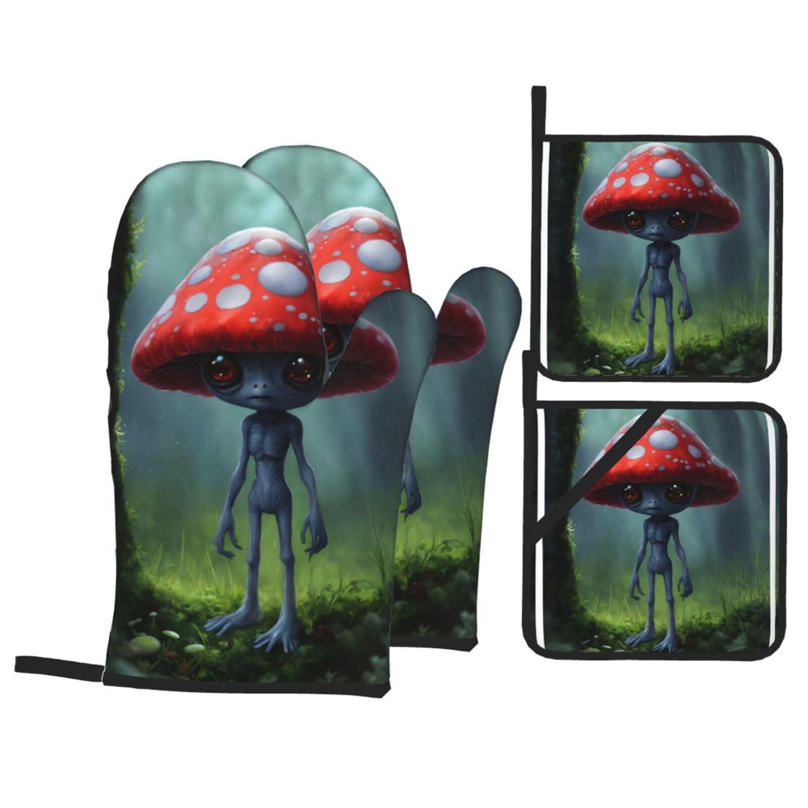 Astronaut and Alien Print 4 Pcs Oven Mitts and Pot Holders,Kitchen Oven Mitts with Pot Holders,Long Baking Gloves