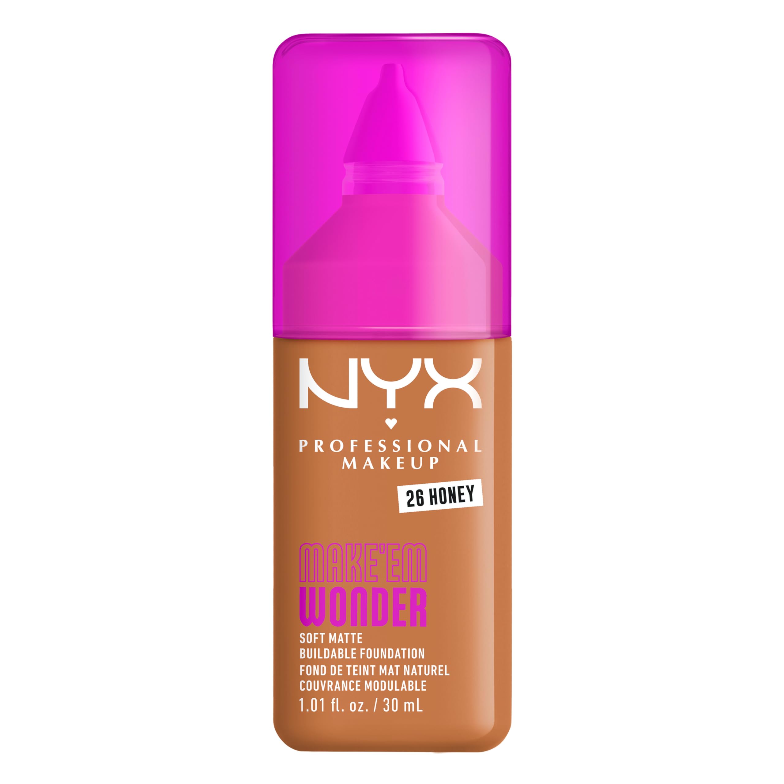 NYX Professional Makeup Make 'Em Wonder Foundation, 24H Soft Matte Aufbaubare Foundation, Mit hoher Deckkraft, Mattes Finish, 26 Honey