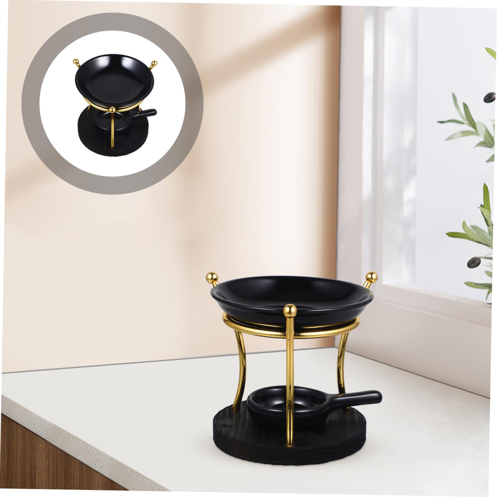 Keramik Teelichthalter mit Schwarzem Holzsockel Multipurpose Duftlampe und Wachsschmelzer für Büro und Hochzeit Elegant Geformte Schale