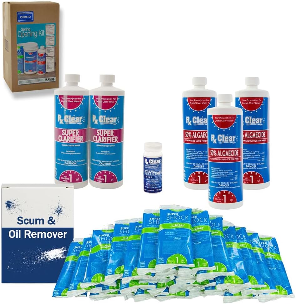 Rx Clear Pool Opening Chemical Maintenance Kit Plus for Above Ground or Inground Pools | for Pools Up to 30,000 Gallons | Includes Chlorine Tabs, Super Shock, 50% Algaecide, Clarifier and Test Strips