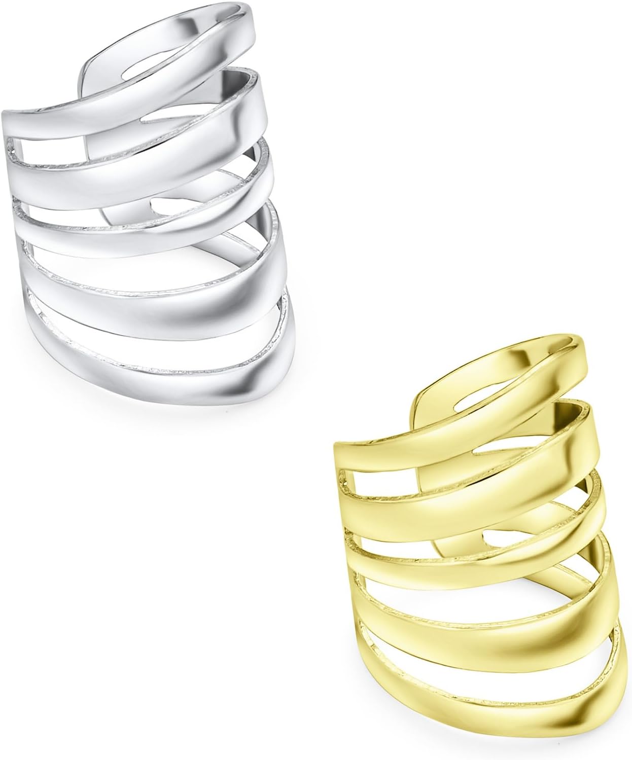 Set of Two Minimalist Geometric Slice Groove Split Band Cartilage Ear Cuff Clip Wrap Helix Earring For Women Teens Silver Yellow Gold Plated .925 Sterling Silver