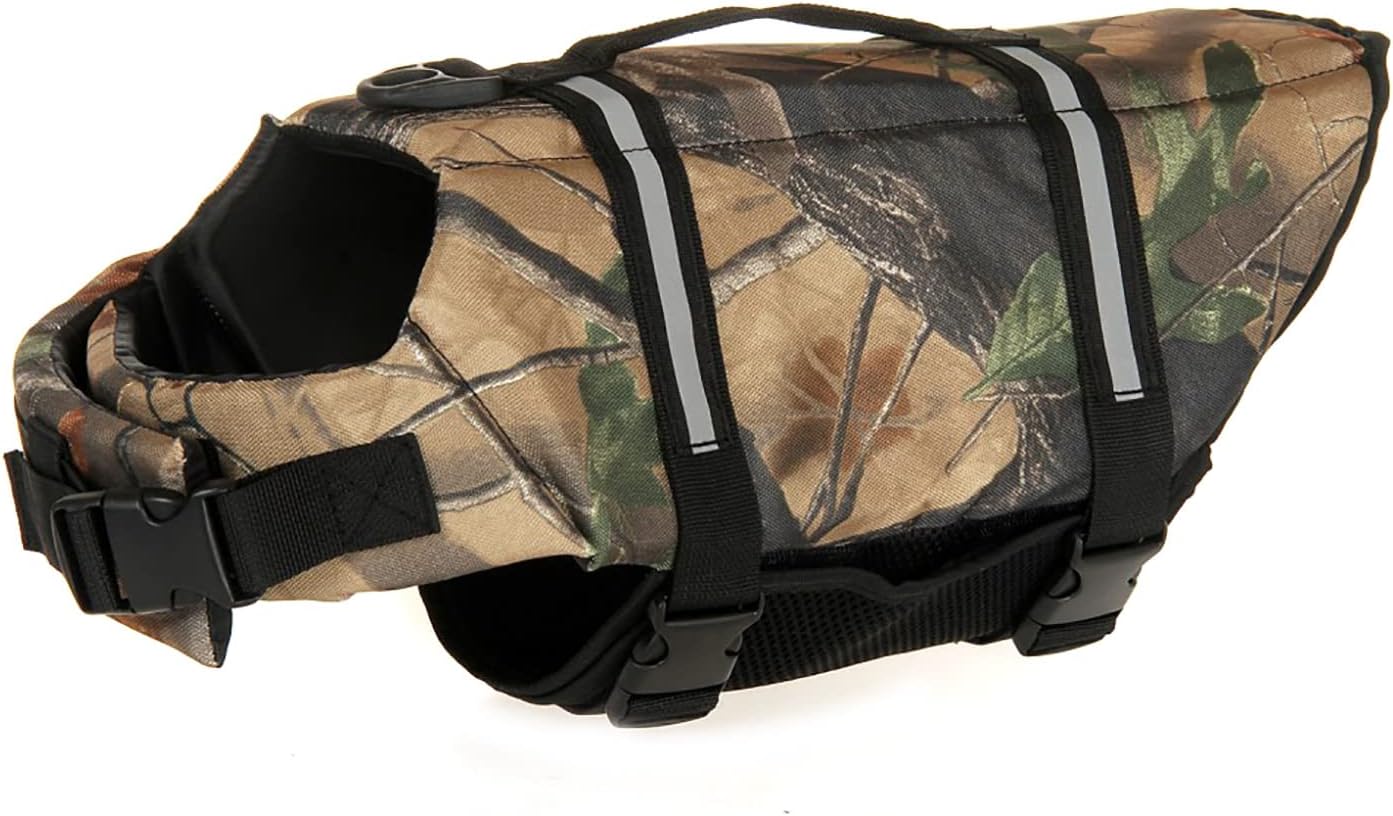 Dog Life Jacket, Dog Life Vest Camo with Reflective Stripes, Adjustable Dog Lifesaver Pet Life Preserver Dog Life Jackets with High Buoyancy Swimsuit for Small Medium and Large Dogs Color-A S