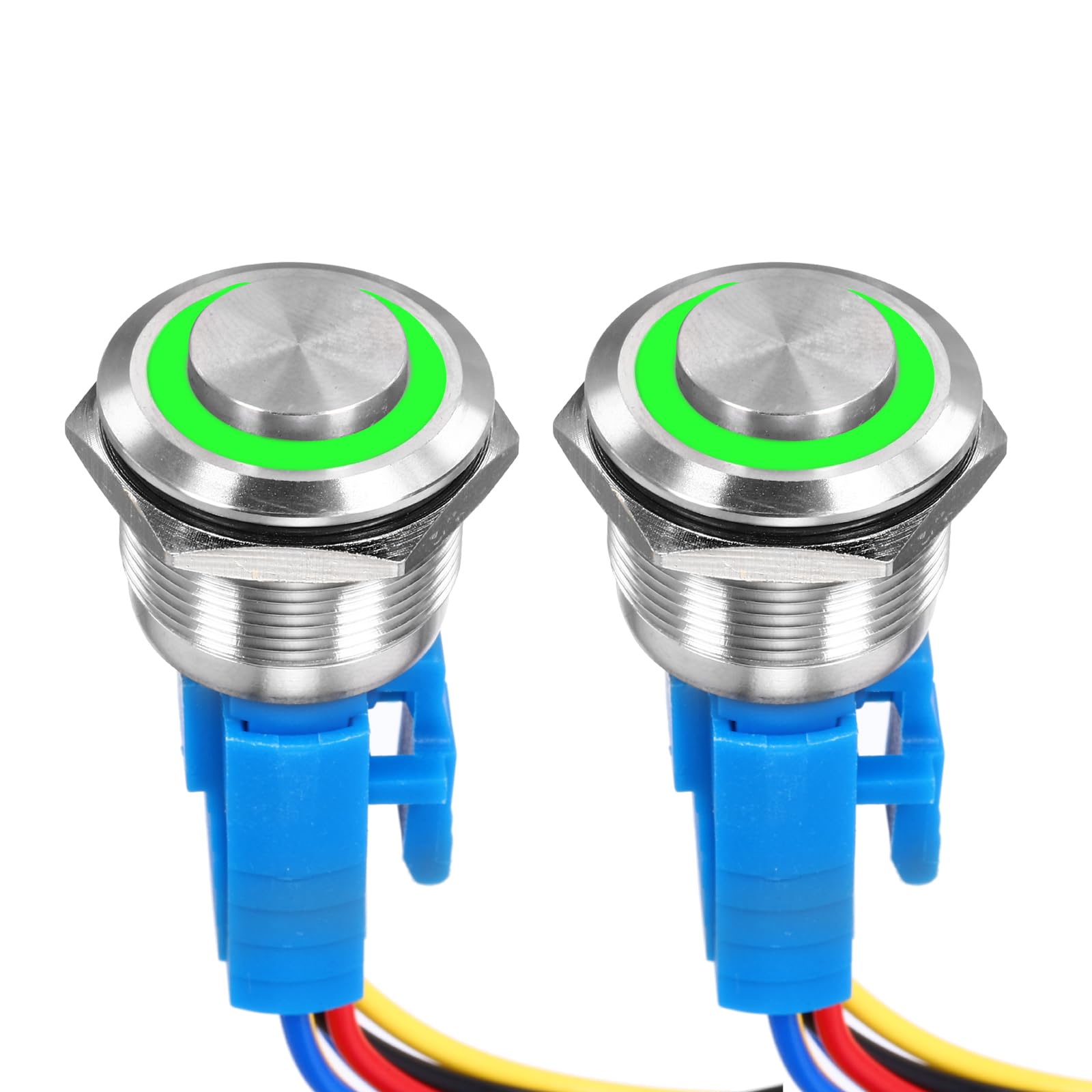 DMiotech 2 Pack 7/8 Inch Stainless Steel Momentary Push Button Switch Domed Head 5A 110-220V Silver Shell with Cable Socket Green LED 1NO1NC for Car