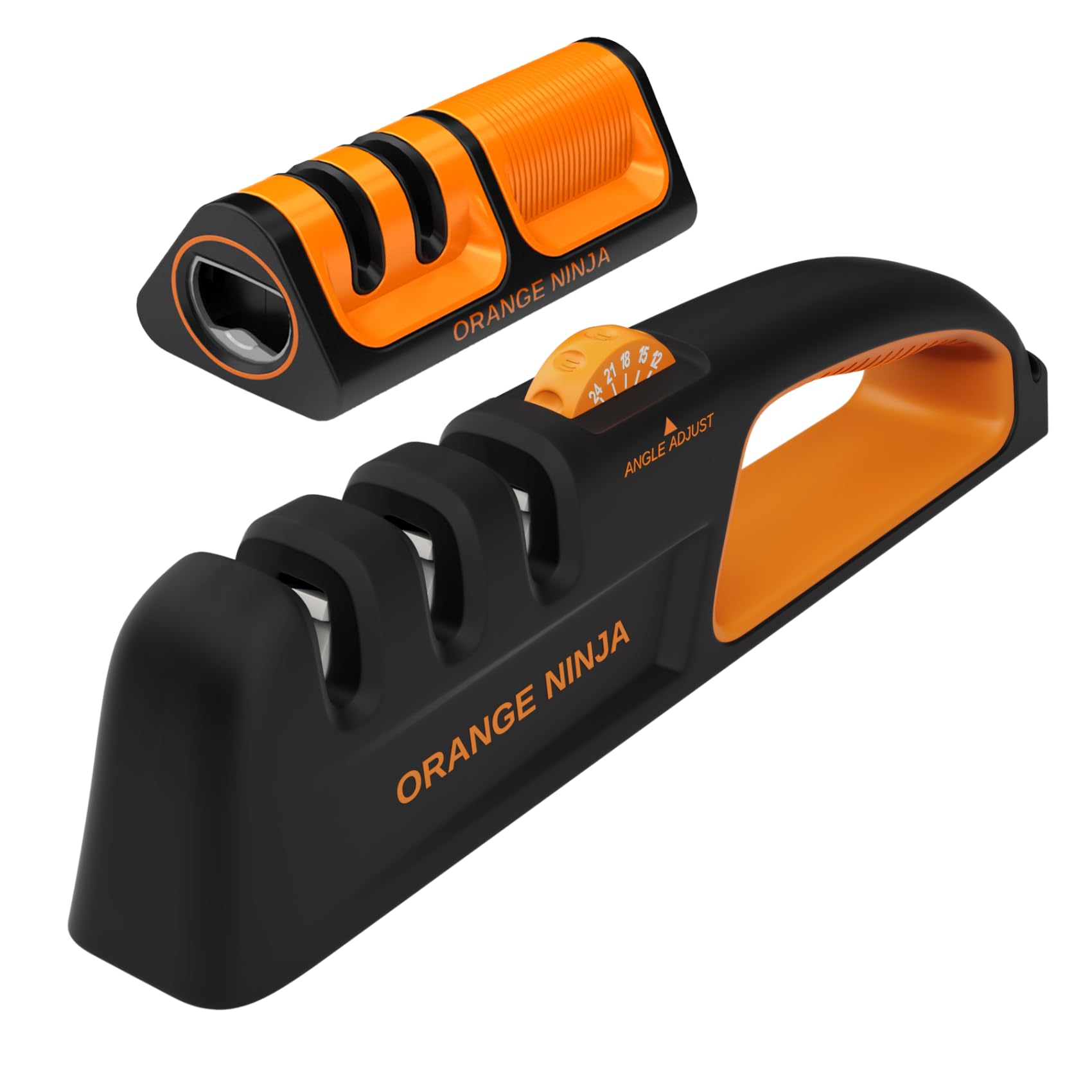 Orange Ninja Complete Kitchen Knife Sharpening Bundle 5-Angle Adjustable Sharpener Compact 2-Stage Mini Sharpener with Bottle Opener Fridge