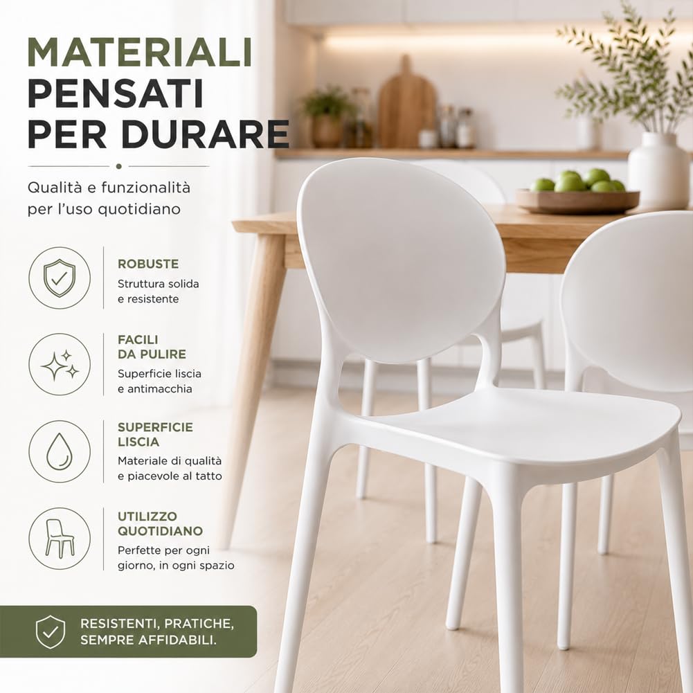 BAKAJI Set 4 Sedie da Pranzo Impilabili Salvaspazio Modello Milano, Struttura Resistente Polipropilene, Seduta Ergonomica Ideale per Interno, Esterno, Casa, Giardino, Ristorante, Bar, 48 x 40 x 80 cm