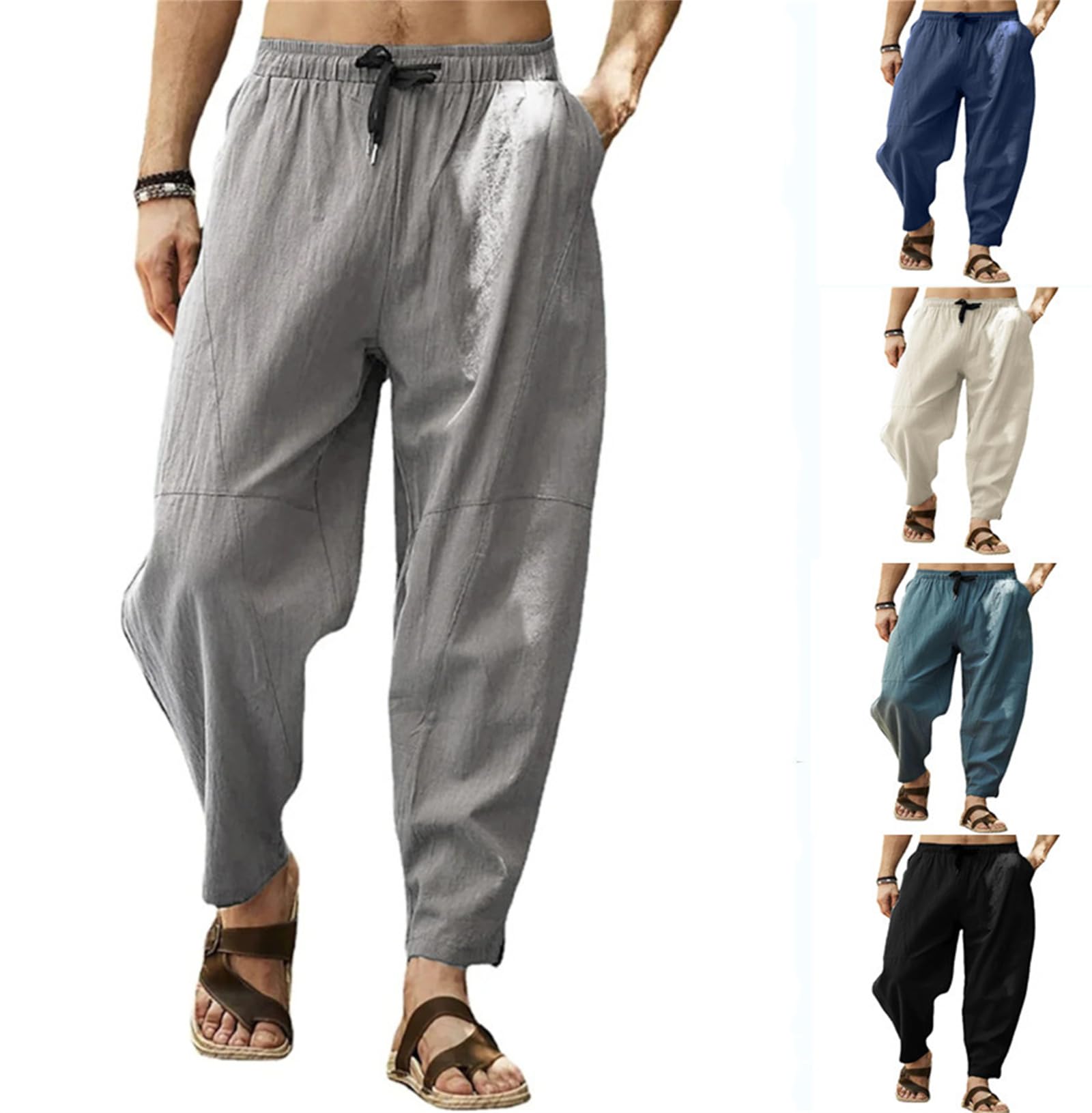 Pantalon Homme Sarouel Lin et Coton Été Pantalon Yoga Léger Taille Elastique