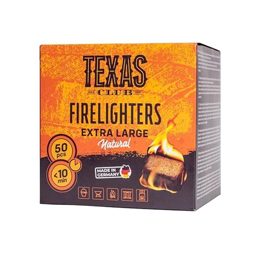 TEXAS CLUB - Accendifuoco Ecologico Extra Large per Barbecue, Caminetti, Stufe, Affumicatori e Griglie, Legno Imbevuto di Cera Naturale, Inodore, Accensione Rapida, 50 Pezzi