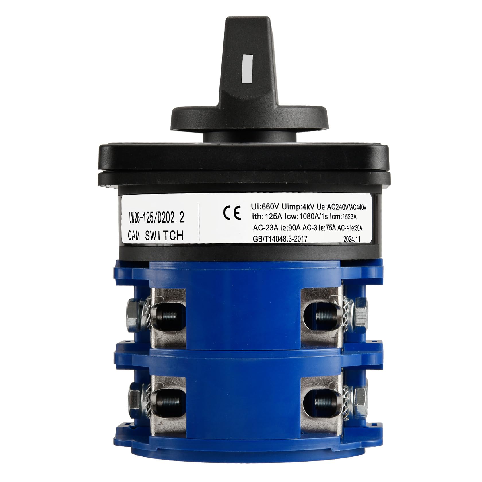 Heschen Commutatore rotativo a camma, LW28-125/D202.2, 125A 660VAC, 2 fasi, ON/OFF/ON 3 posizioni, 8 terminali