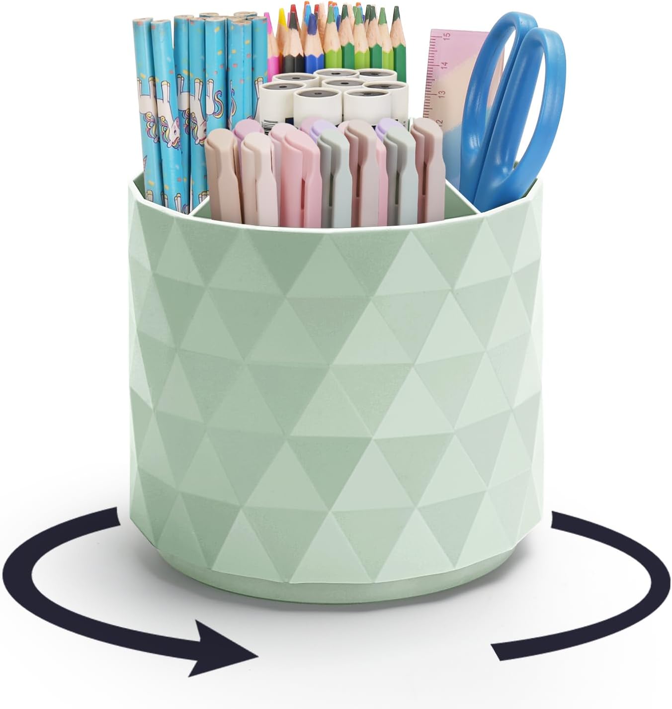 Desk Organizer,Sparkling Diamond-like Pen Holder for Desk 360°Rotating Office Desk Accessories,Pencil Cup with 5 Compartments Storage Box Caddy for Office,School,Home,Art Supply(Green)