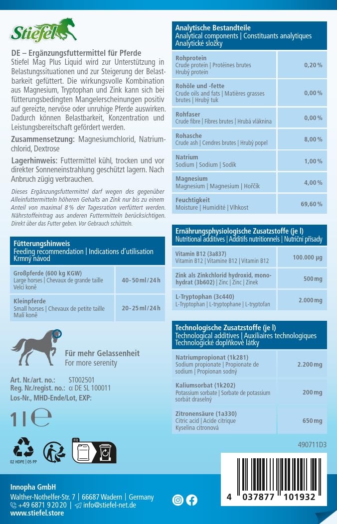 Stiefel MAG Plus para caballos de magnesio de alta dosis para reducir las reacciones de estrés, para mayor rendimiento y concentración, con vitamina B12 y vitamina E, 1 l