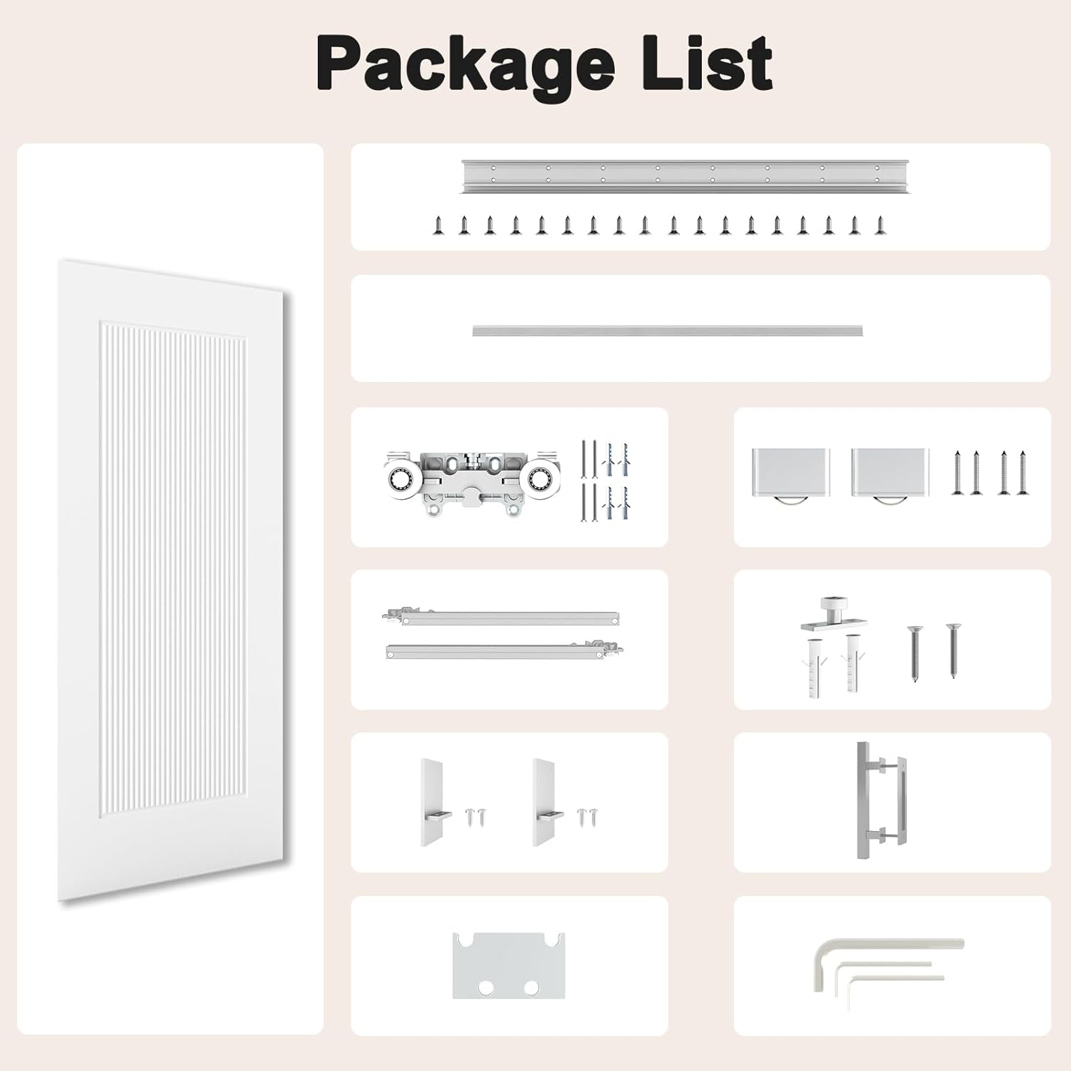 JUBEST 36"x84" Concealed Barn Door with Soft Close Hardware Kits, 1 Panel Reeded White Primed Solid Core Hidden Door for Opening 32"-34"x80", Brushed Stainless Steel Square Ladder Pull and Flush Pull