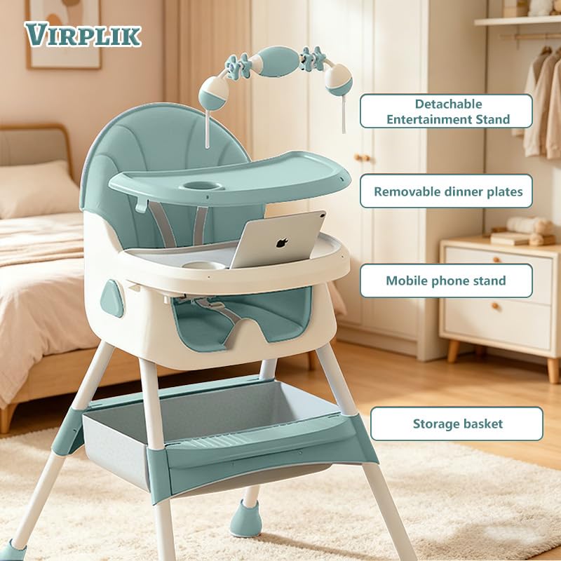 Foldable 4-in-1 Baby High Chair for Babies & Toddlers, High Chair with Detachable PU Cushion, Removable Tray, Adjustable Height, Locking Wheels,Mint Green thumbnail