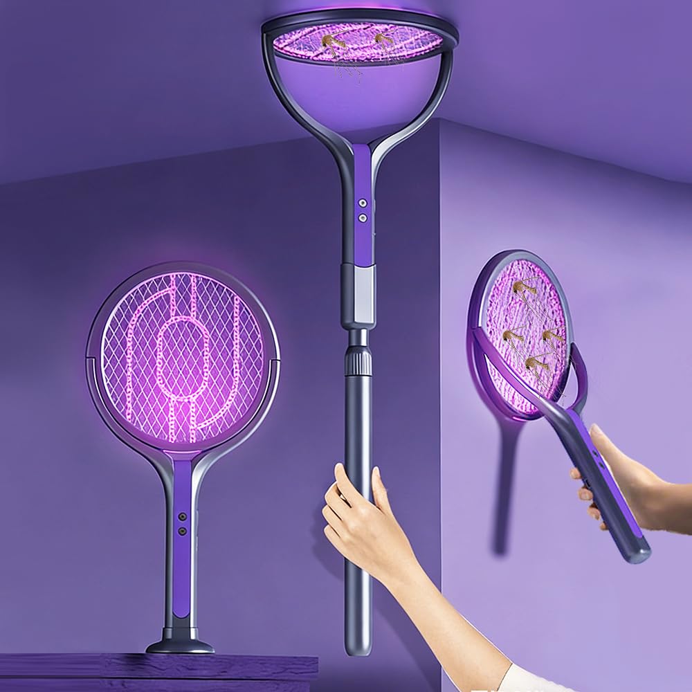 Nzkeuf 3000V Electric Fly Swatter, 180° Rotating Head Electric Fly Zapper, 2 in 1 Rechargeable Electric Flys Killer, Bug Zapper Racket with a Telescopic Extension,Purplish-Black