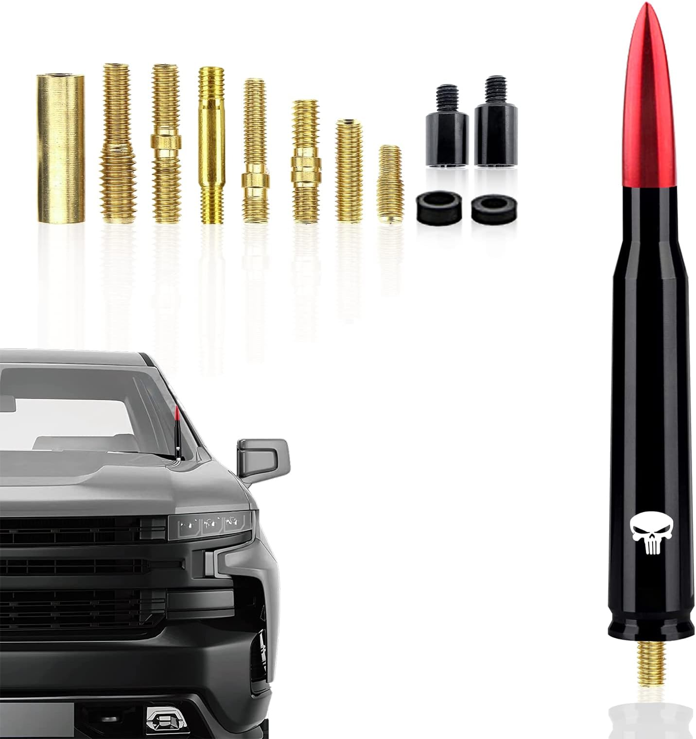 1 PC Car Bullet Antenna Skull, 5.4In Suitable for Ford F150 Wrangler Jeep Chevy Silverado 1500 2500 3500 HD Avalanche GMC Sierra 1500 2500 3500 Denali Heavy Duty Pickup Trucks Accessories (Red)