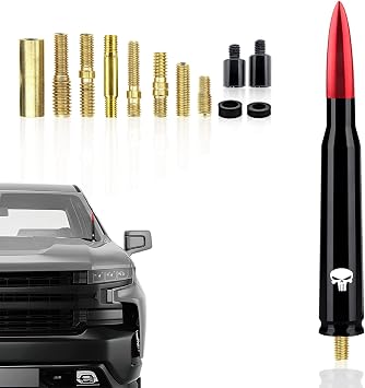 Ajxn 1 PC Car Bullet Antenna Skull, 5.4In Suitable for Ford F150 Wrangler Jeep Chevy Silverado 1500 2500 3500 HD Avalanche GMC Sierra 1500 2500 3500 Denali Heavy Duty Pickup Trucks Accessories Red