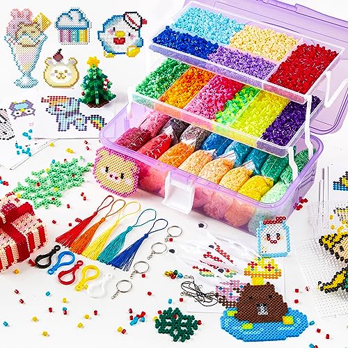 Inscraft - 25000 Fuse Beads Kit with 3 Layers Portable Storage Box, 26 Color 5MM Iron Beads Set with 127 Patterns, 6 Pegboards, 10 Ironing Paper, 5 Tweezers, 66 accessories, Gifts for Birthday Christmas