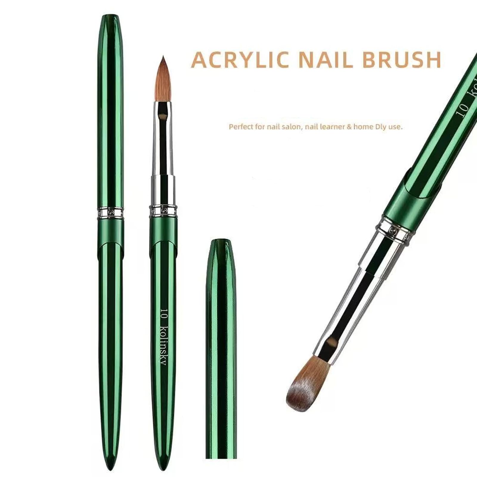 Kolinsky - Pinceles acrílicos para arte de uñas, 100 % de pelo puro Kolinsky, mango de cristal cromado verde con virola plateada de forma redonda para mujeres y niñas, accesorios de manicura, tamaño